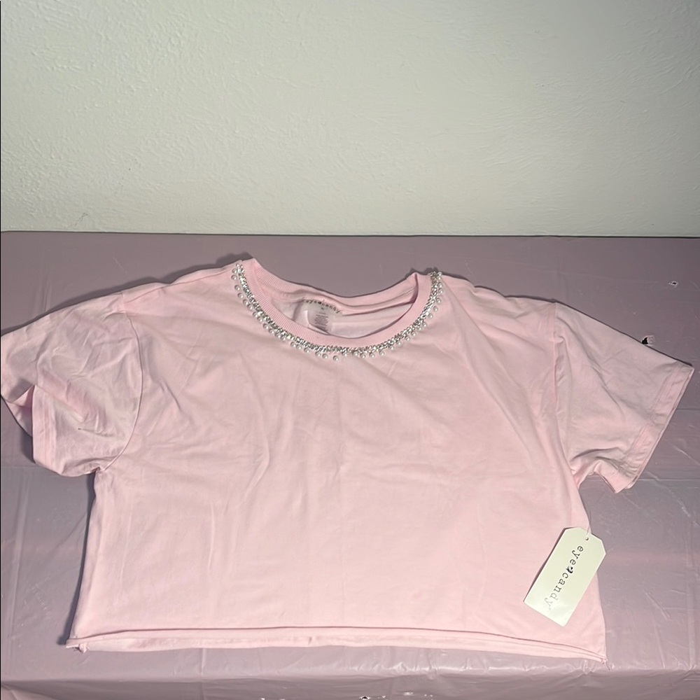 Pink Cropped T-Shirt with Rhinestone Detail